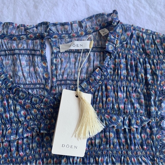 NWT Doen Tracie Cotton Smocked Ruffle Sleeve A Line Mini Dress Dahlia Ikat Blue - Picture 8 of 13